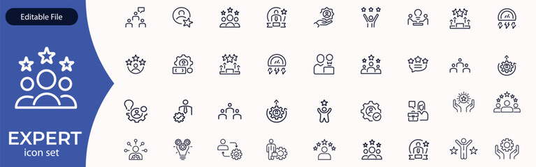 Expert line icon set. Set of outline icons related to talent, skill, aptitude, specialist, thinking, expertise, expert and others. Editable stroke. Vector illustration
