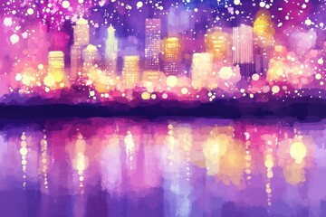 Obraz premium Watercolor Cityscape at Night with Light Reflections on Water Surface in Purple and Gold Tones, Artistic Painting Style, Urban Skyline, Nighttime Atmosphere