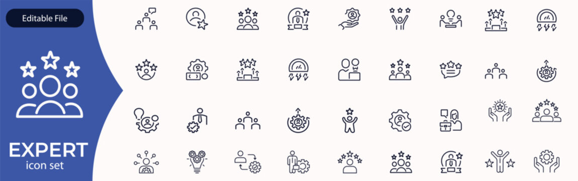 Expert line icon set. Set of outline icons related to talent, skill, aptitude, specialist, thinking, expertise, expert and others. Editable stroke. Vector illustration