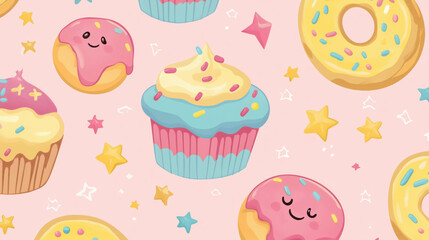Colorful dessert pattern featuring cupcakes, donuts, and stars on a pastel pink background