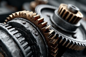 Macro shot of interlocking cogwheels and gears, mechanical engineering concept, industrial machinery and technology, textured metal.