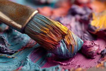 Fototapeta premium Close-up of a paintbrush resting on thickly layered, textured paint in shades of vibrant blue, yellow, orange and purple.