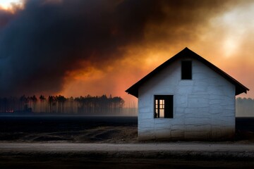 Naklejka premium Abandoned House Near Forest Fire With Smoke and Orange Glow in Sky; Disaster Scene Depicting Potential Loss and Ruin