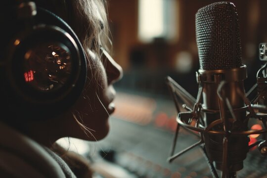 Female vocalist with headphones preparing recording session using vintage microphone in professional studio for voice acting