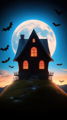 Haunted house under a full moon with flying bats at dusk