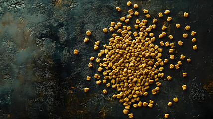 Whole fenugreek seeds scattered on a dark textured surface, their soft yellow color contrasting with the rich, earthy tones of the background.