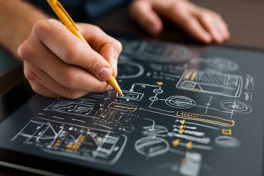 Person sketching process flowchart on tablet with yellow pen, visualizing workflow and user interface concepts for product strategy