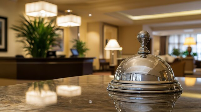 Elegant hotel reception with stylish service bell and sophisticated interior design