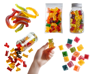 Sugar Gummy gummies jelly cube worm bear chewy sweet candy candies, many angles view, jar bottle, sealed foil packet pack, hand hold, scattered on transparent cutout PNG. Mockup template for design	
