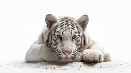 Fototapeta premium White tiger resting on sand: majestic big cat close-up with striking features