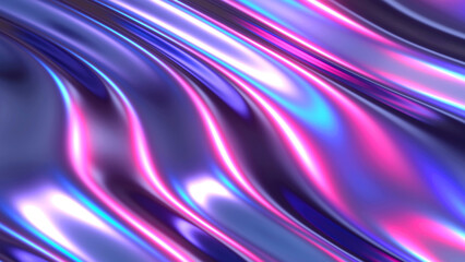 Liquid purple blue chrome waves background, shiny and lustrous metal pattern texture, silky 3D illustration.