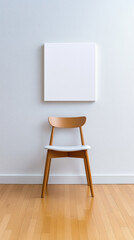 Chic wooden chair in minimalist space with blank canvas