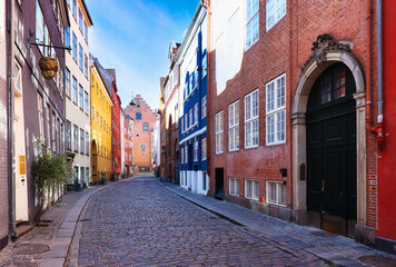 Copenhagen - Typical house facades on the streets Magstræde in the city center, Denmark