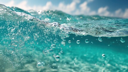 Captivating underwater view of turquoise ocean water with rising bubbles and sunlit surface creating a serene and refreshing aquatic scene perfect for summer travel