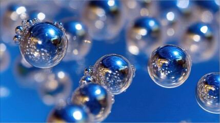 Captivating macro shot of vibrant blue water bubbles with mesmerizing light reflections and abstract patterns creating a serene and visually stunning composition