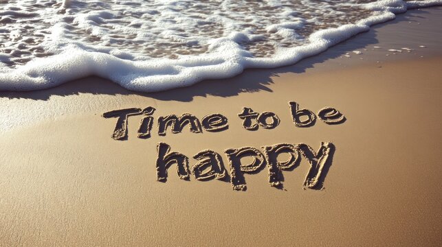 "Time to be happy" message written in sand on a beach with an incoming wave.