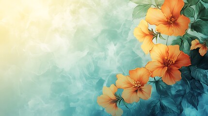 Orange hibiscus flowers with teal background.