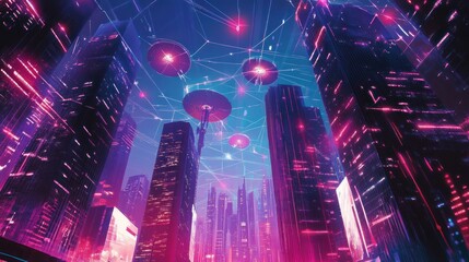 Fototapeta premium Futuristic cityscape at night with flying saucers. Neon lights illuminate towering buildings connected by digital network.