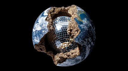 Earth Exposed: A conceptual composition unveils a disco ball heart at the core of the planet, symbolizing the intersection of nature and celebration, a unique and thought-provoking visual.