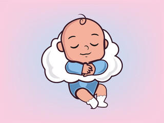 Infant baby boy sleeping on cloud, flat vector illustration, nursery.