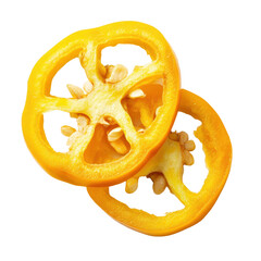 Vibrant slices of yellow pepper showcasing seeds on a clean Transparent background, yellow pepper slices isolated on PNG background