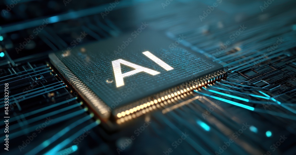 Poster a close-up view of an ai microchip on a circuit board, symbolizing advanced computing and innovation