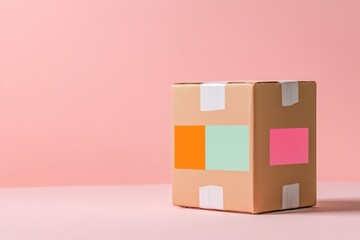 Obraz premium Stylish cardboard box with colorful stickers on soft pastel back