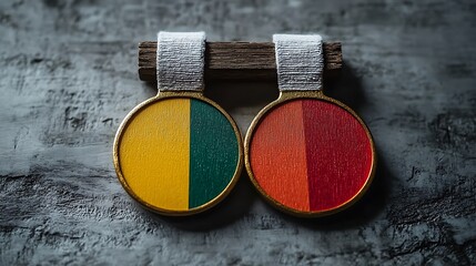 Two round medals, gold-rimmed, displaying national flags, mounted on wood