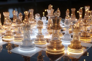 Illuminated chess pieces showcase intricate design during evening game in cozy indoors setting