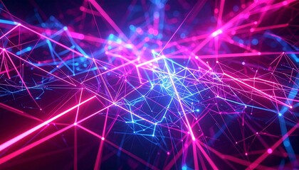 Fototapeta premium A chaotic web of interconnected neon lines forming an abstract digital network, pulsing with electric energy.