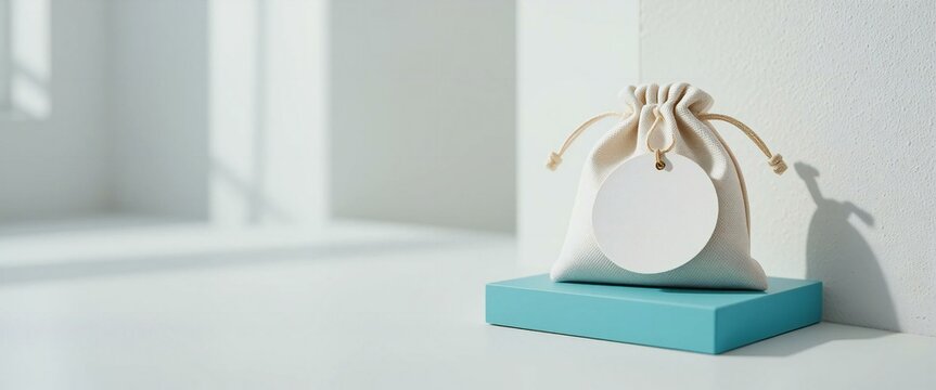 A White Fabric Pouch with Paper Tag.