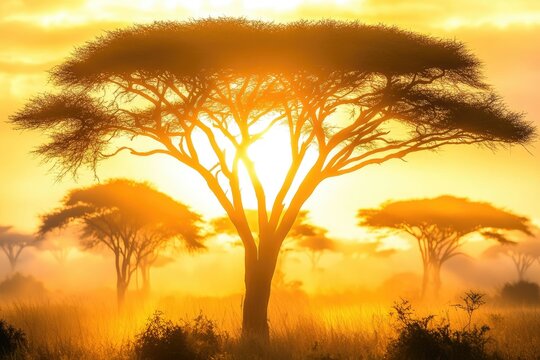 Golden sunrise in African savanna, acacia trees silhouetted against a vibrant, warm-toned sky  Foggy, hazy atmosphere