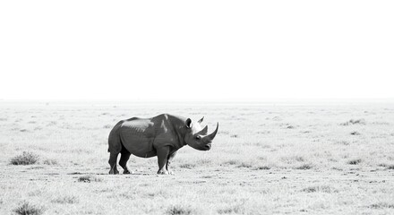 Rhino Standing in Open Grassy Field Black and White
