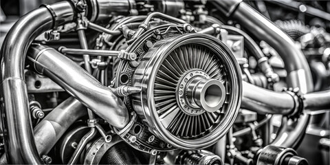 A close-up of a jet engine turbine reveals intricate details of metal components and precision engineering. This powerful machinery plays a vital role in aviation technology