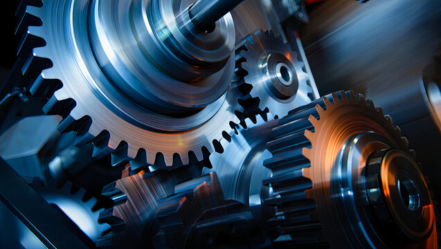 Metallic gears interlock and rotate within a complex machinery system, reflecting light in a vibrant factory environment. The gears are essential for efficient operation and coordination