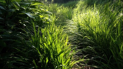 A lush pathway surrounded by vibrant green grass, illuminated by soft sunlight filtering through leaves.