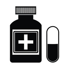 A silhouette medicine bottle with a cross symbol and a capsule vector Art & Illustration