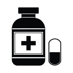 A silhouette medicine bottle with a cross symbol and a capsule vector Art & Illustration