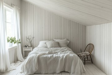 Light and airy bedroom with white walls and linens  A simple, cozy space with a bed, chair, and small table Natural light streams in through the sheer curtains