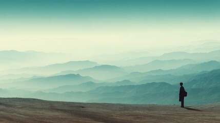 Travel and Tourism Concept. Solitary Figure Standing on Mountain Ridge Overlooking Vast Layered Horizon Landscape