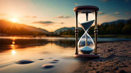 Symbolic Hourglass on Lakeshore with Blurred Natural Landscape in Background at Sunset