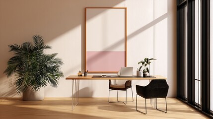 Fototapeta premium A modern office space featuring a wooden desk, chair, plants, and natural light creating a serene atmosphere.