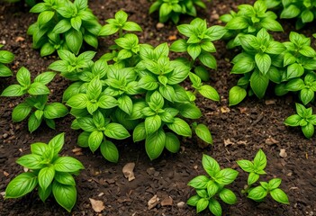 Lush green basil plants thriving in rich soil garden bed, ground, nature