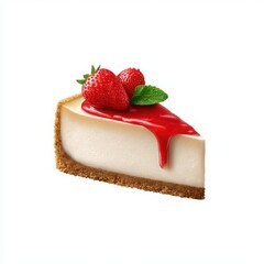 Cheesecake slice with strawberries on white background