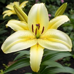 Fototapeta premium Elegant Pale Yellow Lily Flower Bloom Close Up