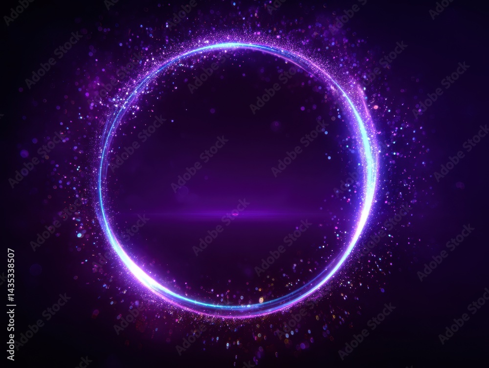 Poster luminous circle with sparkling particles against a dark backdrop creating a magical and ethereal atm