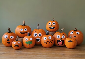 Cute painted pumpkins with funny faces for Halloween.