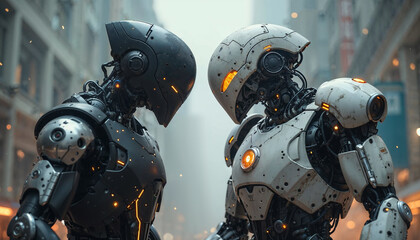 Naklejka premium Two Ai robots face to face