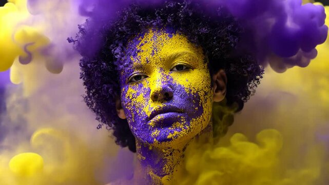 A woman with vibrant purple and yellow face paint, surrounded by swirling smoke clouds.  Curly hair