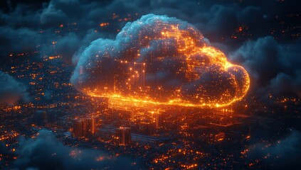 Obraz premium Fiery Cloud Cityscape Nightscape.